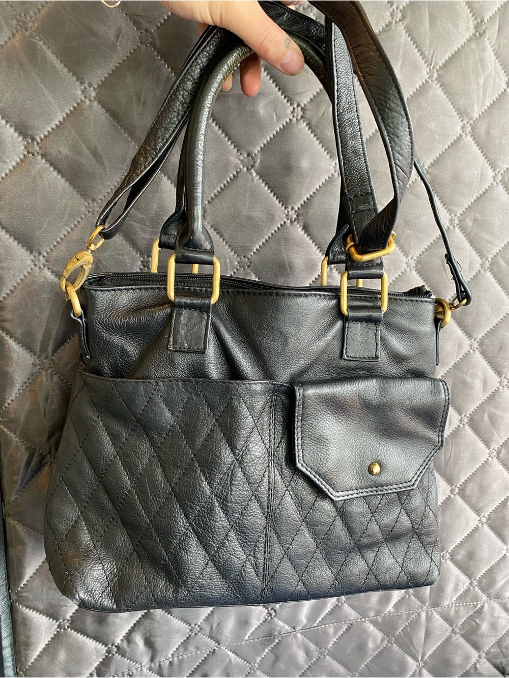 Black Quilted Shoulder Bag with Gold-Tone Hardware